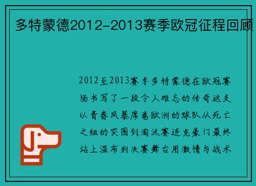 多特蒙德2012-2013赛季欧冠征程回顾